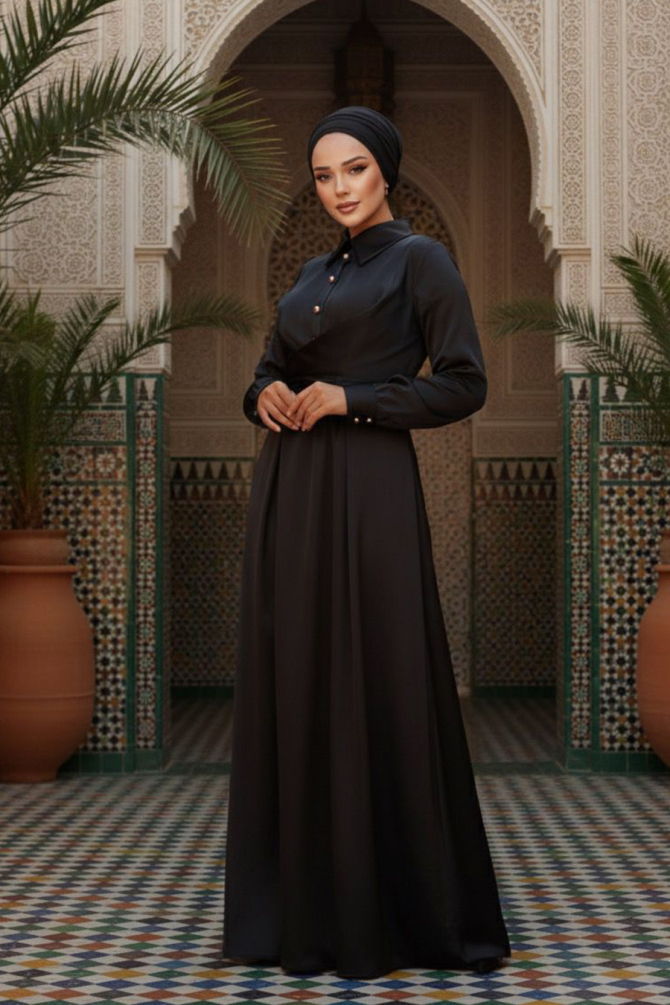 Tesettürlü Abiye Elbise - Robe de Soirée Hijab Noire 4566S - 1