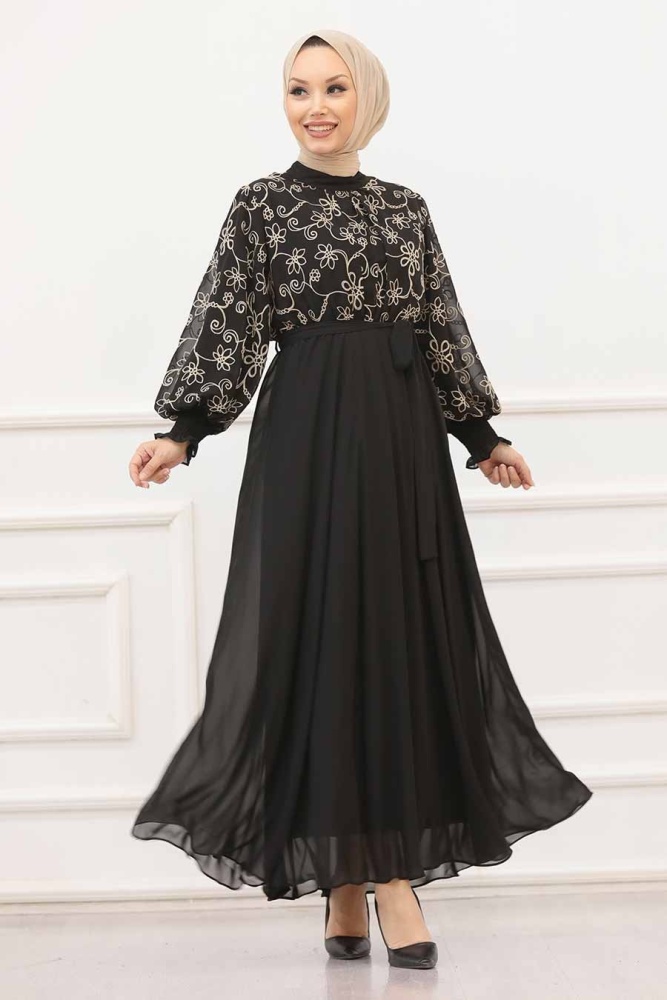 Tesettürlü Abiye Elbise - Robe de Soirée Hijab Noire 51401S - 1