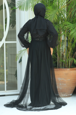 Tesettürlü Abiye Elbise - Robe de soirée Hijab noire 5441S - 3