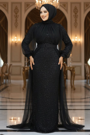 Tesettürlü Abiye Elbise - Robe de soirée Hijab noire 5441S - 1