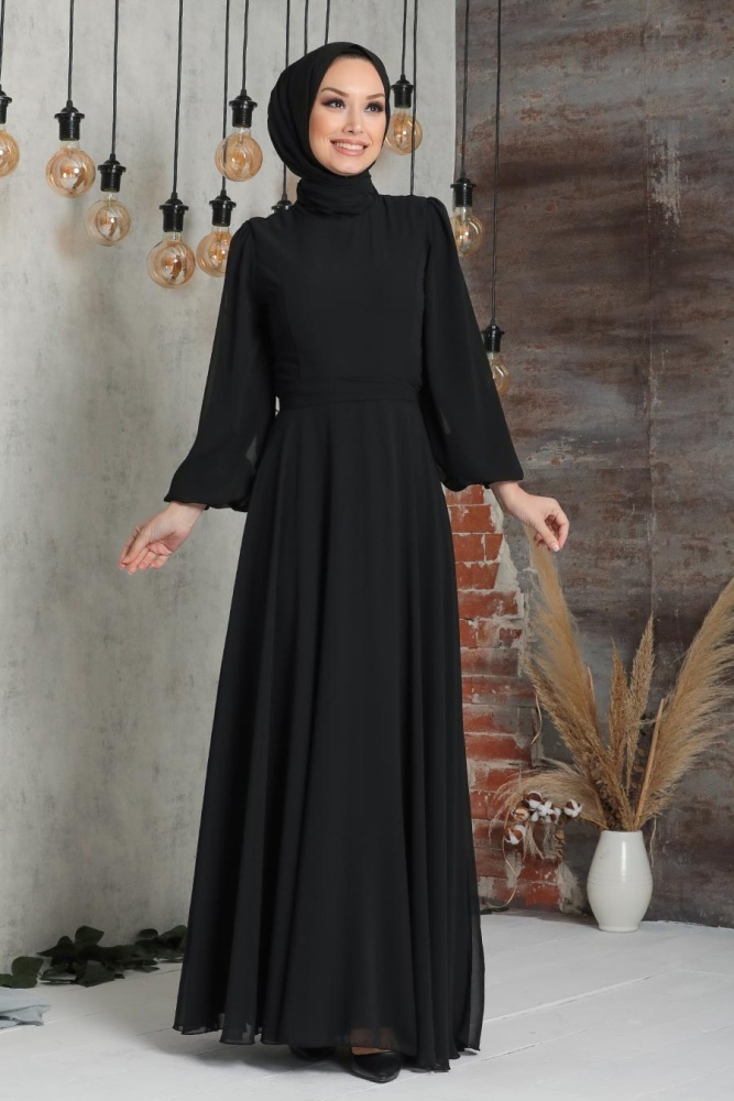 Tesettürlü Abiye Elbise - Robe de Soirée Hijab Noire 5470S - 1