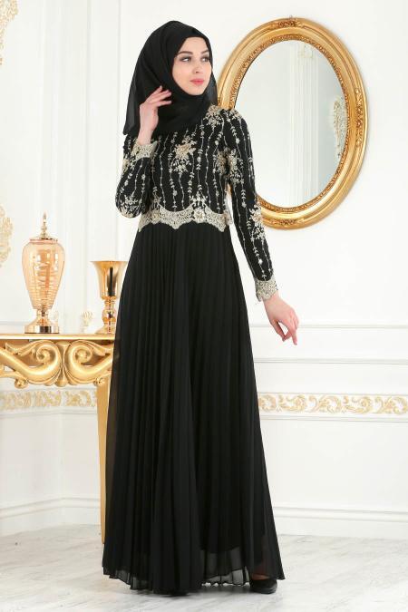 Tesettürlü Abiye Elbise - Robe de soirée Hijab noire 77220S - 1