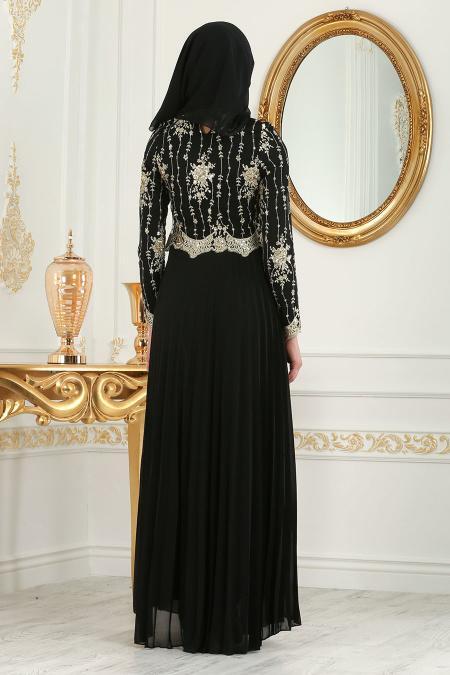 Tesettürlü Abiye Elbise - Robe de soirée Hijab noire 77220S - 2