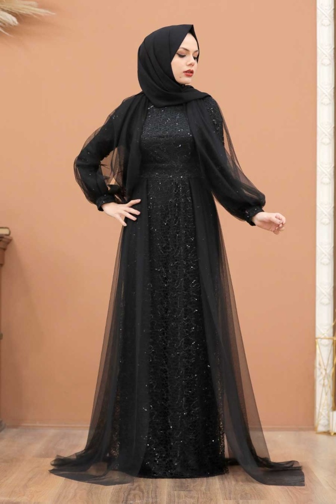 Tesettürlü Abiye Elbise - Robe De Soirée Hijab Noire Avec Cape 55190S - 2