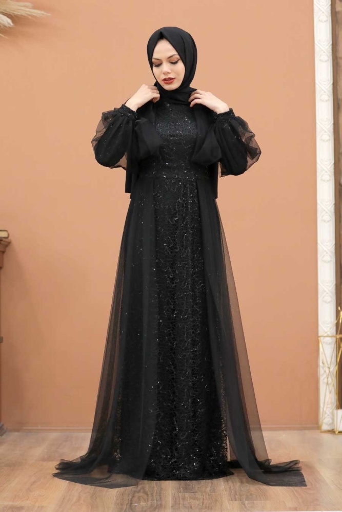 Tesettürlü Abiye Elbise - Robe De Soirée Hijab Noire Avec Cape 55190S - 1