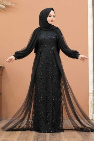 Tesettürlü Abiye Elbise - Robe De Soirée Hijab Noire Avec Cape 55190S - 3