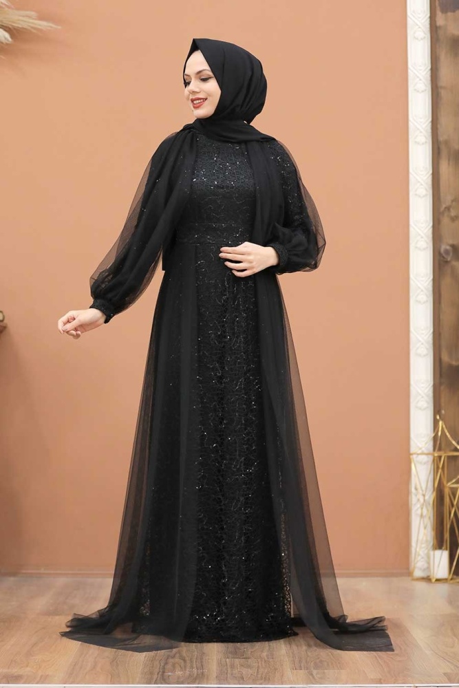 Tesettürlü Abiye Elbise - Robe De Soirée Hijab Noire Avec Cape 55190S - 4