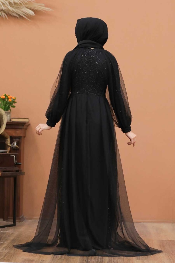 Tesettürlü Abiye Elbise - Robe De Soirée Hijab Noire Avec Cape 55190S - 5