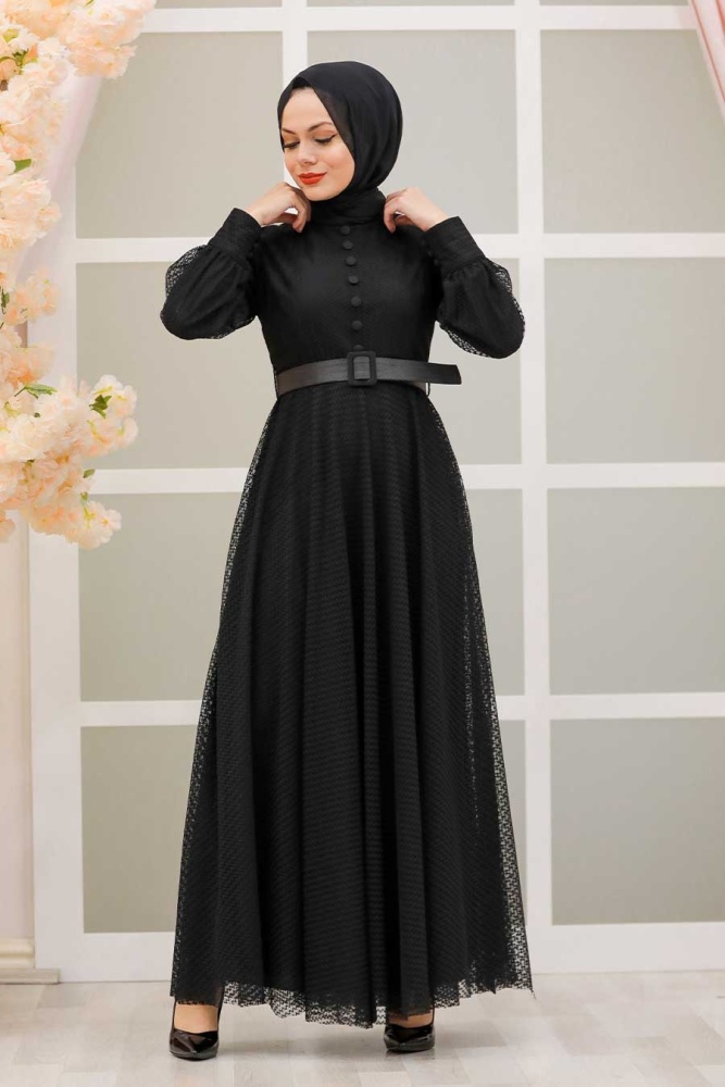 Tesettürlü Abiye Elbise - Robe de soirée Hijab noire à boutons 30170S - 1