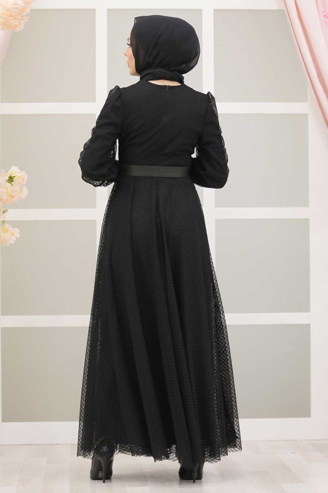 Tesettürlü Abiye Elbise - Robe de soirée Hijab noire à boutons 30170S - 2