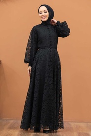 Tesettürlü Abiye Elbise - Robe de Soirée Hijab Noire Dentelle 5477S - Thumbnail