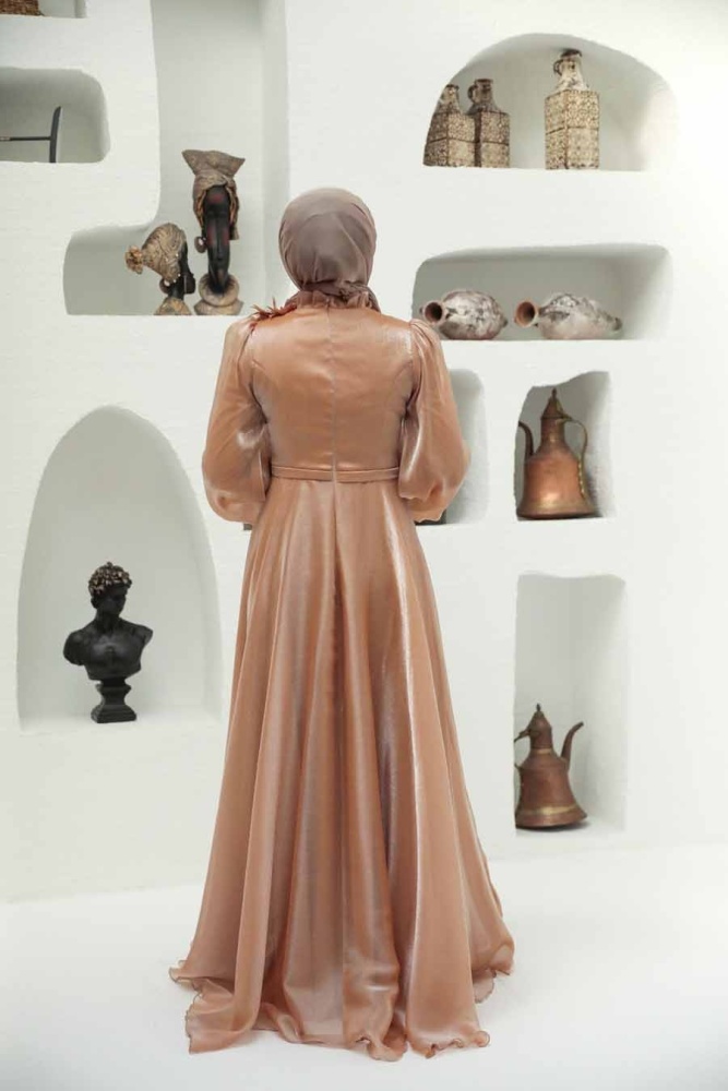 Tesettürlü Abiye Elbise - Robe de Soirée Hijab Or 22310GOLD - 6