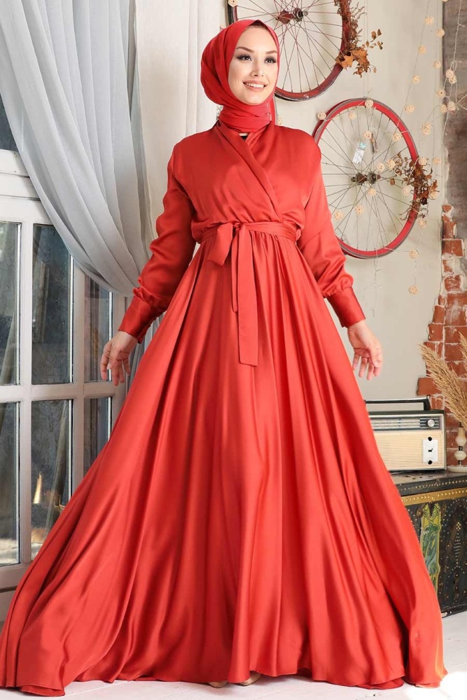 Tesettürlü Abiye Elbise - Robe de Soirée Hijab Orange 1418T - 1