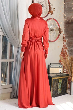Tesettürlü Abiye Elbise - Robe de Soirée Hijab Orange 1418T - 2