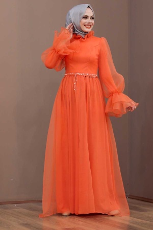 Tesettürlü Abiye Elbise - Robe de soirée hijab orange 40420T - Thumbnail