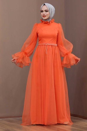 Tesettürlü Abiye Elbise - Robe de soirée hijab orange 40420T - Thumbnail