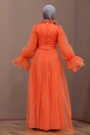 Tesettürlü Abiye Elbise - Robe de soirée hijab orange 40420T - Thumbnail