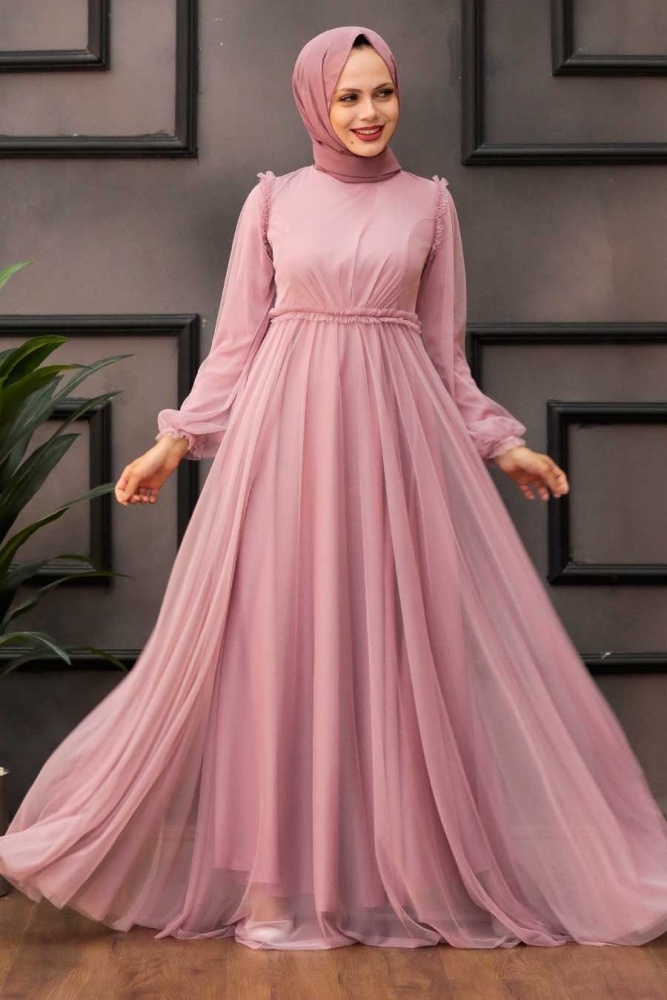 Tesettürlü Abiye Elbise - Robe de soirée Hijab poudre à manches ballon 29210PD - 1