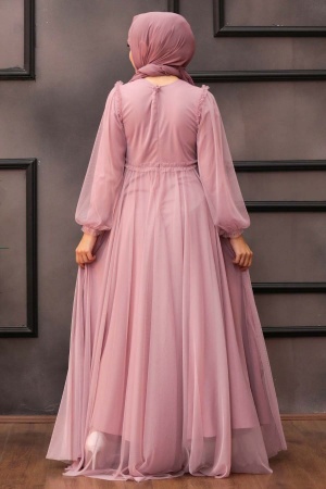 Tesettürlü Abiye Elbise - Robe de soirée Hijab poudre à manches ballon 29210PD - 2