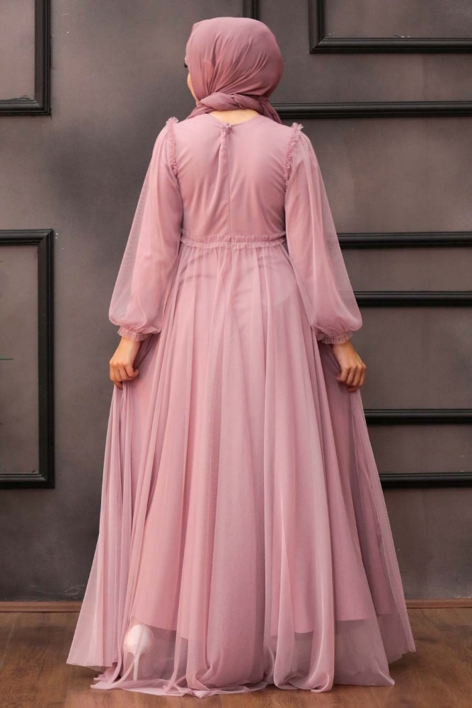 Tesettürlü Abiye Elbise - Robe de soirée Hijab poudre à manches ballon 29210PD - 2