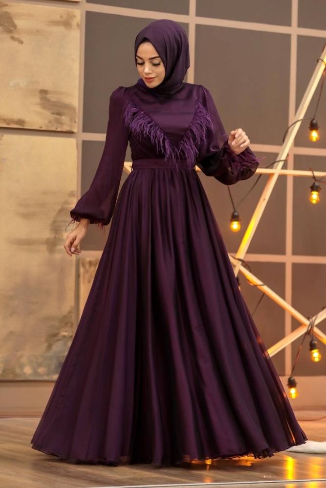 Tesettürlü Abiye Elbise - Robe de soirée Hijab Prune 21731MU - 1