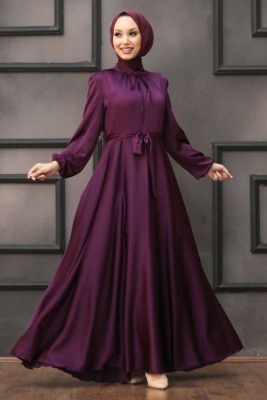 Tesettürlü Abiye Elbise - Robe de soirée Hijab Prune 25130MU - 1