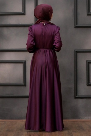 Tesettürlü Abiye Elbise - Robe de soirée Hijab Prune 25130MU - 3