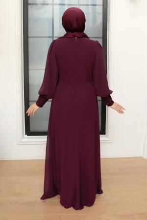 Tesettürlü Abiye Elbise - Robe de Soirée Hijab Prune 25814MU - 3