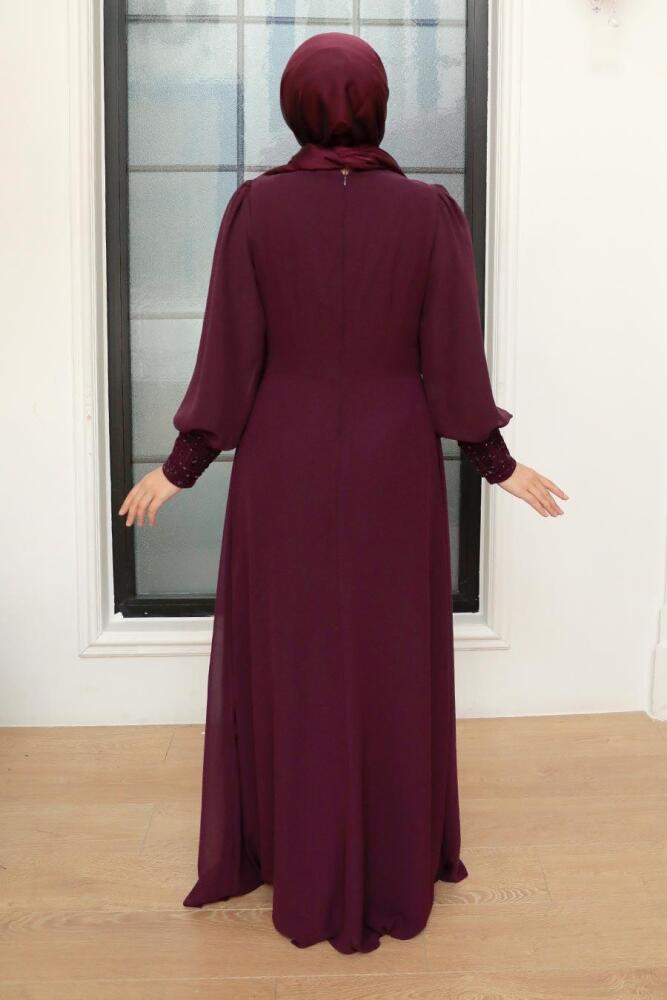 Tesettürlü Abiye Elbise - Robe de Soirée Hijab Prune 25814MU - 3