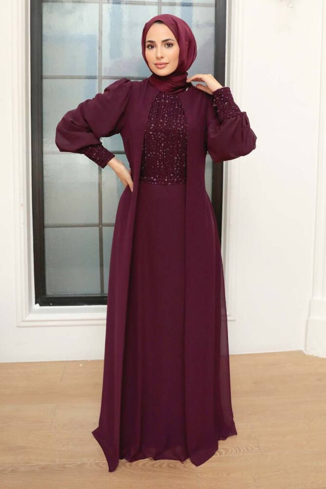 Tesettürlü Abiye Elbise - Robe de Soirée Hijab Prune 25814MU - 1