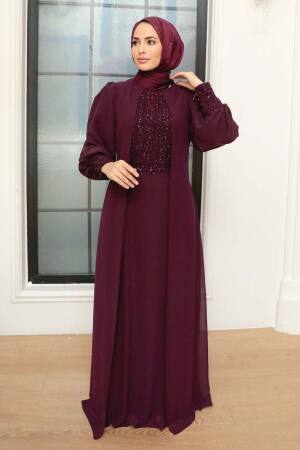 Tesettürlü Abiye Elbise - Robe de Soirée Hijab Prune 25814MU - 2