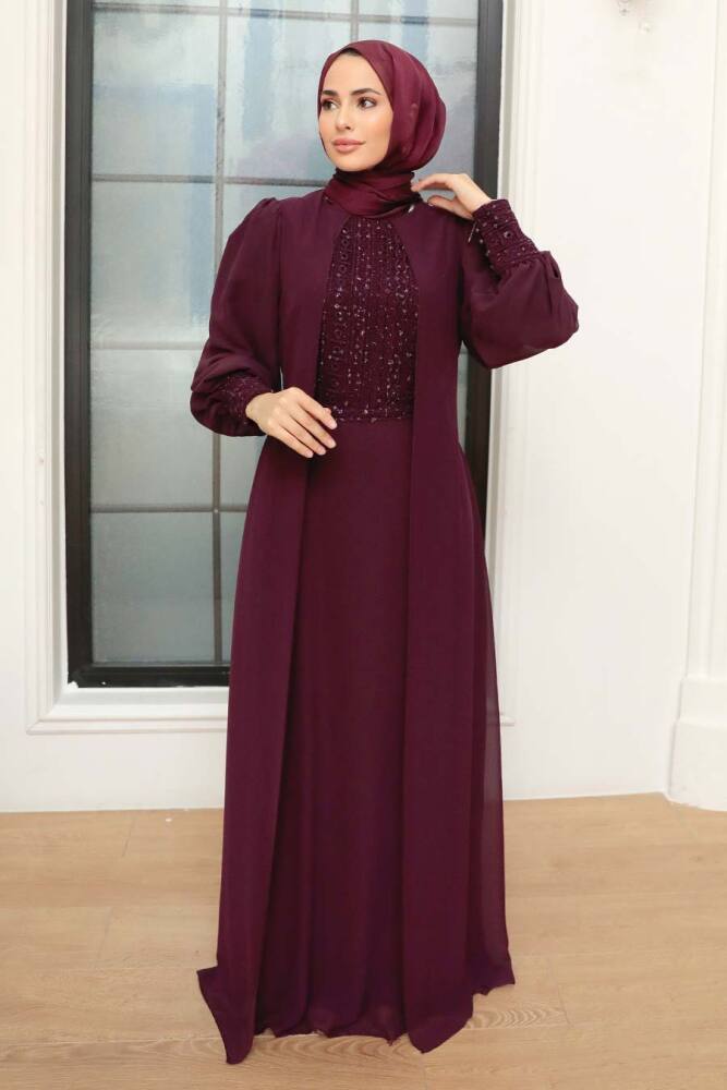 Tesettürlü Abiye Elbise - Robe de Soirée Hijab Prune 25814MU - 2
