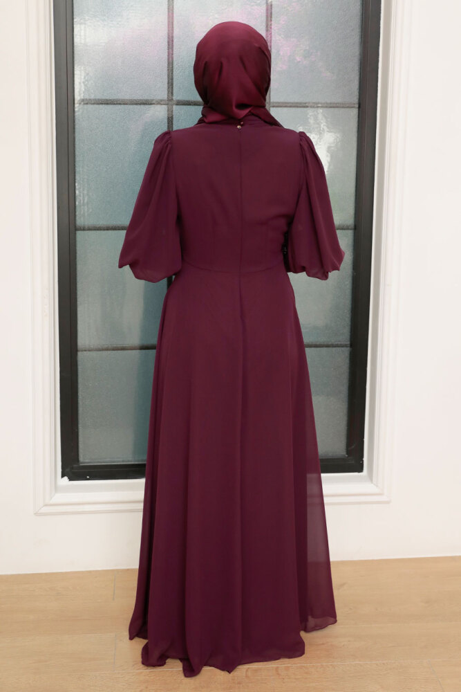 Tesettürlü Abiye Elbise - Robe de Soirée Hijab Prune 25817MU - 2