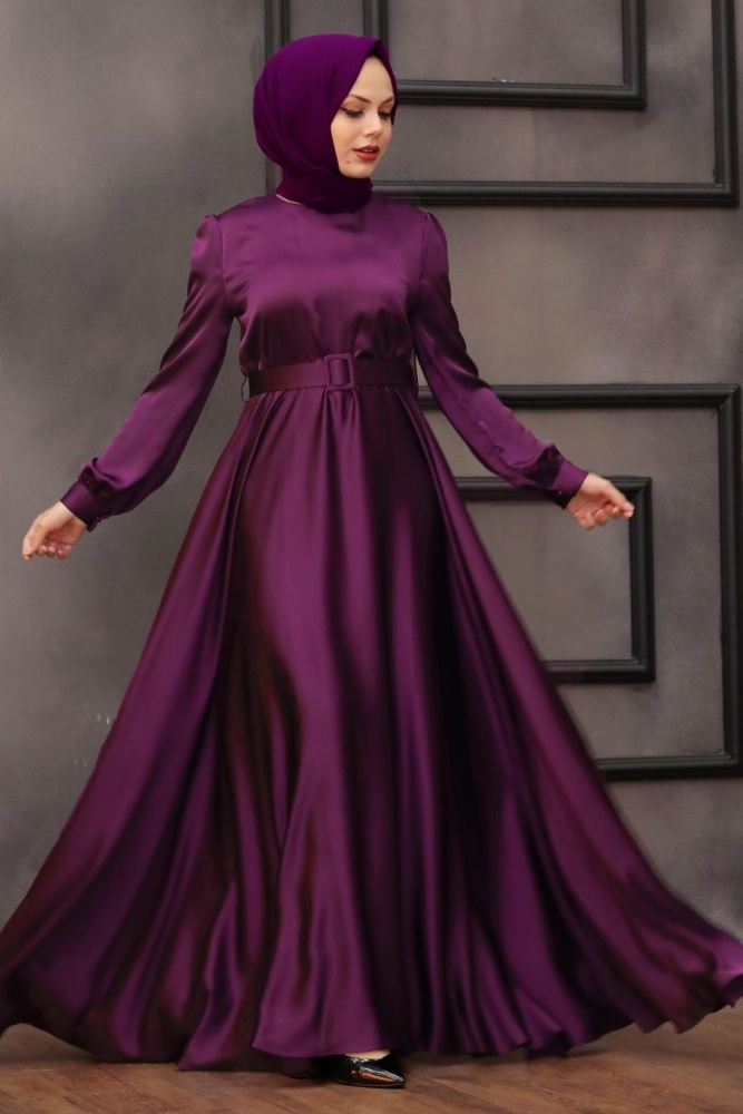 Tesettürlü Abiye Elbise -Robe de soirée Hijab Prune 28890MU - 1