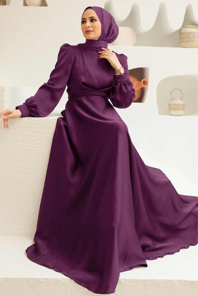 Tesettürlü Abiye Elbise - Robe de Soirée Hijab Prune 3064MU - 1