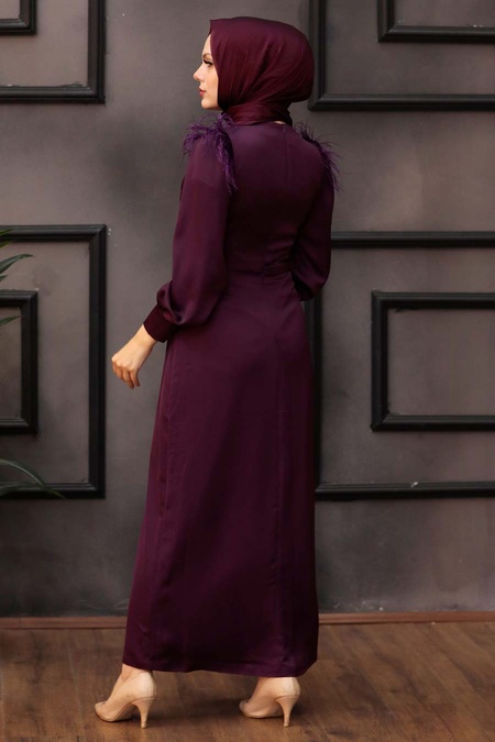 Tesettürlü Abiye Elbise -Robe de soirée Hijab Prune 4199MU - 3
