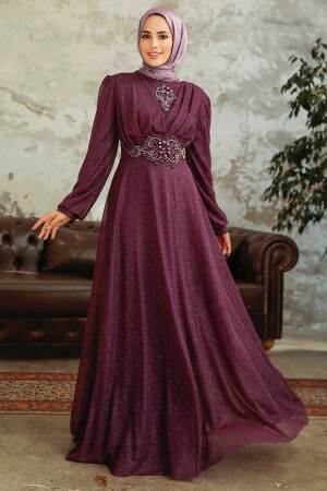 Tesettürlü Abiye Elbise - Robe de Soirée Hijab Prune 50151MU - 1