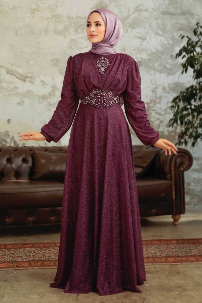 Tesettürlü Abiye Elbise - Robe de Soirée Hijab Prune 50151MU - 2