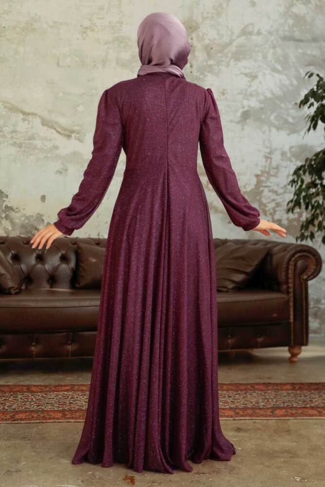 Tesettürlü Abiye Elbise - Robe de Soirée Hijab Prune 50151MU - 3