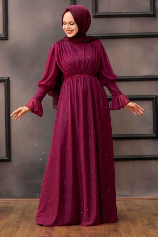 Tesettürlü Abiye Elbise -Robe de soirée Hijab Prune 5367MU - 1