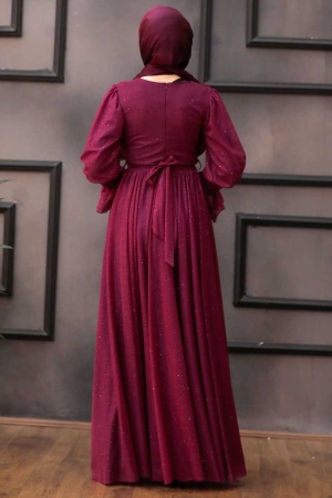 Tesettürlü Abiye Elbise -Robe de soirée Hijab Prune 5367MU - 2