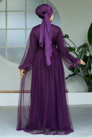 Tesettürlü Abiye Elbise - Robe de soirée Hijab Prune 54230MU - 3