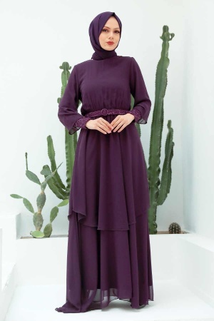 Tesettürlü Abiye Elbise - Robe de Soirée Hijab Prune 5489MU - 1