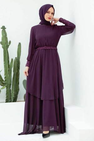 Tesettürlü Abiye Elbise - Robe de Soirée Hijab Prune 5489MU - 2