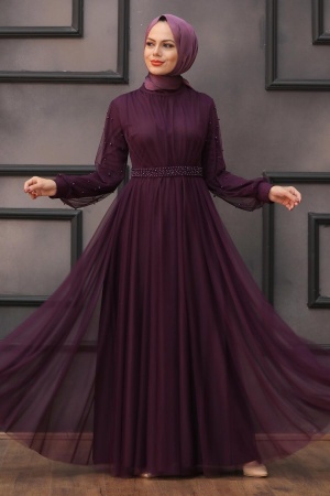 Tesettürlü Abiye Elbise - Robe de Soirée Hijab Prune 5514MU - TESETTÜRLÜ ABİYE ELBİSELER