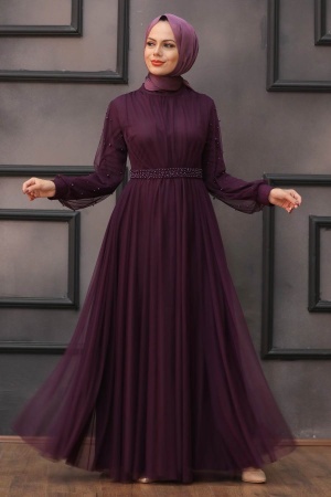 Tesettürlü Abiye Elbise - Robe de Soirée Hijab Prune 5514MU - 2