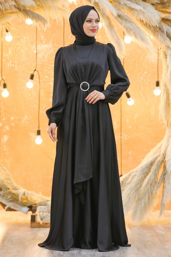 Tesettürlü Abiye Elbise -Robe de soirée Hijab - Robe de soirée Hijab noire 3145S - 4