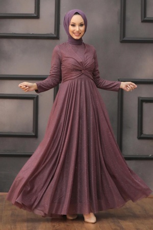 Tesettürlü Abiye Elbise - Robe de soirée Hijab Rose foncé 5397KGK - 1