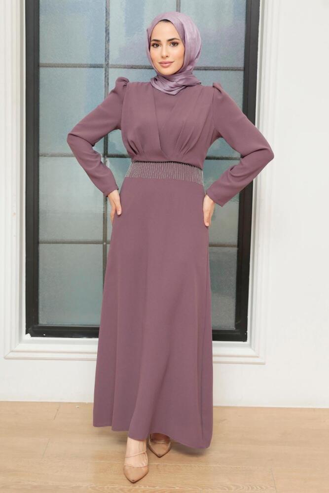Tesettürlü Abiye Elbise - Robe de Soirée Hijab Rose Foncé Séché 51531KGK - 1