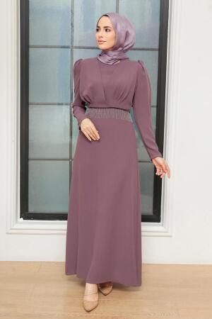 Tesettürlü Abiye Elbise - Robe de Soirée Hijab Rose Foncé Séché 51531KGK - 2